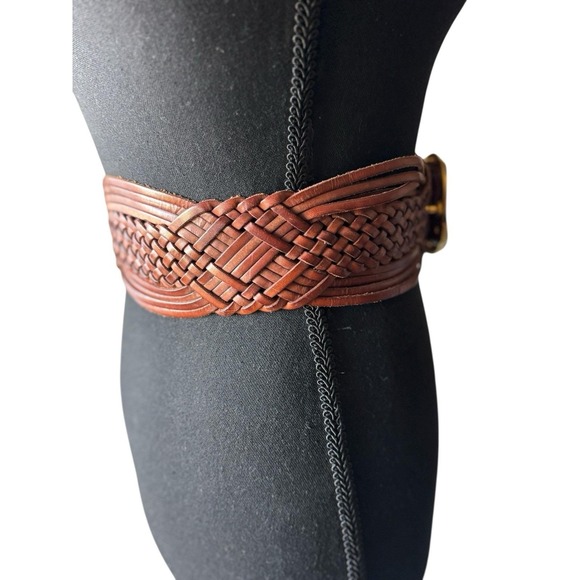 Vintage Brown Woven Leather Belt Gold Sculptural Buckle Wide Boho Unique 36" - Picture 3 of 9